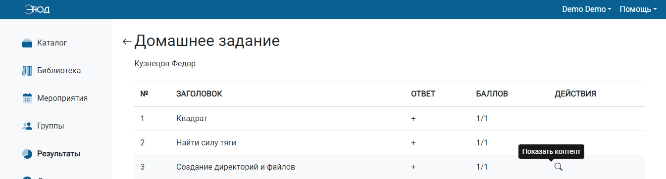 Страница результатов участника