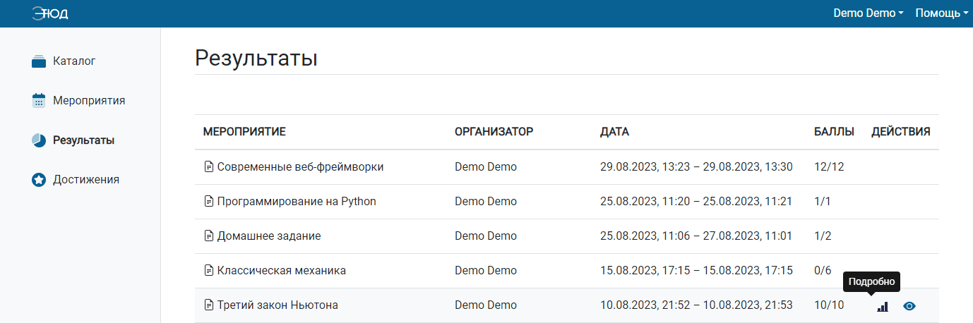 Действие - подробный просмотр результата